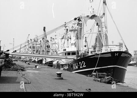 Quai de chalutier avec navires IJmuiden IJmuiden Trawlerkade pays-Bas, Whizgle News, Dutch Desk, pays-Bas, 1950 - 2000 le 07-08-1996. Voici les rubriques de l'image. La scène présente un port animé bordé de bateaux de pêche, chacun présentant une variété de formes et de tailles. Au premier plan, un bateau de pêche noir et blanc proéminent se distingue, marqué avec l'identifiant 'KW-22'. Sa coque est élégante, conçue pour l'utilité, et elle est équipée d'engins de pêche, y compris de grands filets drapés sur les côtés. Autour de ce navire, une série d'autres bateaux, chacun avec son propre individu Banque D'Images