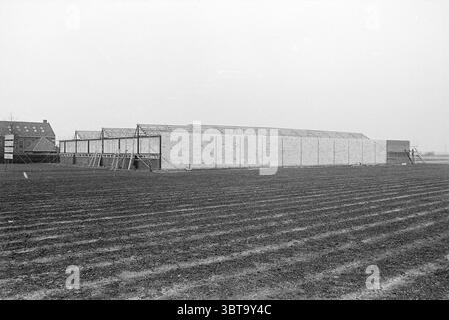 Construction de travaux de hangar à bulbes, Whizgle News, Dutch Desk, pays-Bas, 1950 - 2000 le 22-02-1968. Ces rubriques apparaissent dans l'image. La scène représente un chantier de construction situé dans un paysage ouvert et plat. Au premier plan, le sol présente un sol sombre et fraîchement labouré, avec des sillons visibles s'étendant uniformément sur le champ, suggérant une activité agricole récente. Sur le côté, une grande structure est à différentes étapes de l'assemblage. Ses murs semblent être faits de blocs pâles, et le cadre est exposé, mettant en valeur le contour squelettique du bâtiment. Le toit est partiellement construit, avec un Banque D'Images