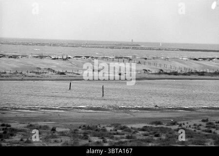 Lac intérieur IJmuider plage IJmuiden pays-Bas, Whizgle News, Dutch Desk, pays-Bas, 1950 - 2000 le 03-07-1995. Ce sont les éléments de l'image. La scène présente un vaste paysage côtier, caractérisé par ses tons discrets et un sentiment de tranquillité. Le premier plan est dominé par des eaux peu profondes, qui reflètent le ciel gris doux au-dessus. Apparié à l'eau, un rivage sablonneux s'étend, entrecoupé de parcelles d'herbe et de touffes de végétation, faisant allusion à l'écosystème côtier. Lorsque vous reculez plus loin, le terrain se transforme en dunes de sable douces, leurs formes roulantes créant Banque D'Images