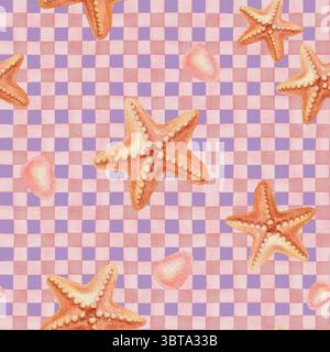 Motif sans couture étoile de mer sur fond à carreaux dans le style aquarelle. Motif aquatique rose et violet avec texture pinceau. Parfait pour le textile d'été Banque D'Images