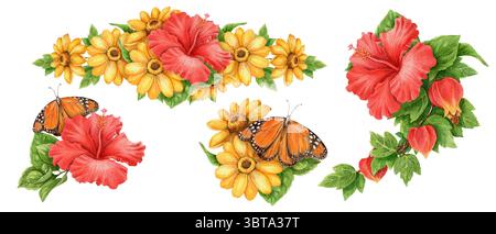 Ensemble d'arrangement d'été de papillon monarque et fleur d'hibiscus. Art floral aquarelle dessiné à la main pour la décoration de thème de vacances tropicales. Lumineux Banque D'Images