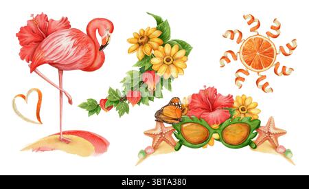 Ensemble de conception d'été d'oiseau flamant rose et lunettes de soleil. Soleil aquarelle dessiné à la main à partir d'œuvres d'art de tranche d'orange pour la décoration de thème de vacances tropicales. Lumineux Banque D'Images