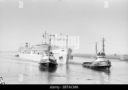 Bateaux de navigation intérieure dans IJmuiden Tankers 'Resolute' is Towed In' Ships, Whizgle News, Dutch Desk, pays-Bas, 1950 - 2000 on 22-01-1963. Ces rubriques sont illustrées dans l'image. La scène montre un grand navire naviguant dans une voie navigable calme, flanqué de deux petits remorqueurs, chacun positionné stratégiquement pour aider à manœuvrer. Le plus grand navire, qui est bien visible au centre, a une structure élégante avec un pont proéminent et une large coque, faisant allusion à son volume et à sa capacité maritime. Les remorqueurs sont peints dans des tons sombres contrastés, qui se distinguent par la couleur plus claire du Banque D'Images