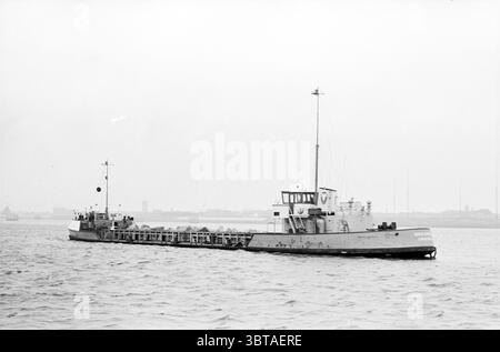 Navire Den Droge IJmuiden avec des blocs de basalte à la jetée d'IJmuiden dans le but d'étendre l'embouchure du port. IJmuiden pays-Bas ., Whizgle News, Dutch Desk, pays-Bas, 1950 - 2000. L'image montre ces rubriques. Dans la scène, un navire semblable à une barge navigue dans des eaux calmes, caractérisées par de douces ondulations qui reflètent la lumière tamisée. Le bateau présente un design fonctionnel, avec un pont plat et une large coque, peint dans des tons discrets de gris et blanc, contribuant à une esthétique industrielle globale. Un équipage est visiblement engagé sur le pont, certains se déplaçant tandis que d'autres sont en position Banque D'Images