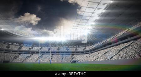 L'illustration plate montre des poteaux de but de rugby sur le terrain sous un toit voûté avec des projecteurs, des stands Banque D'Images