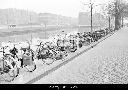 Malgré l'interdiction des vélos sont garés sur le trottoir le long de la Leidsevaart Haarlem pays-Bas ., Whizgle News, Dutch Desk, pays-Bas, 1950 - 2000. L'image inclut ces rubriques. La scène représente un environnement tranquille et silencieux caractérisé par une épaisse couche de brouillard. Une longue rangée de vélos, garés étroitement ensemble, occupe le premier plan. Leurs designs et couleurs variés vont des cadres noirs classiques aux tons pastel, bien que l'effet global de la scène s'enregistre dans des nuances de gris, contribuant à une ambiance nostalgique. Le cadre comprend une large passerelle pavée qui est parallèle Banque D'Images