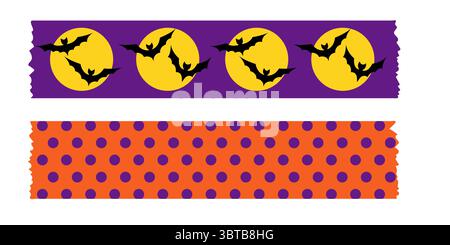 Jolie collection de ruban washi Halloween dans les couleurs violet orange et noir. Bandes de ruban de masquage décoratif avec chauves-souris citrouilles et araignées. Bordures vectorielles Illustration de Vecteur