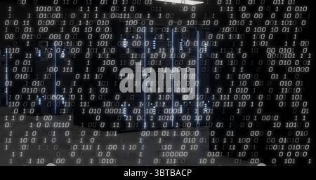 Racks de serveurs lumineux éclairant le sol du centre de données, avec voyants d'état et superposition de code binaire Banque D'Images