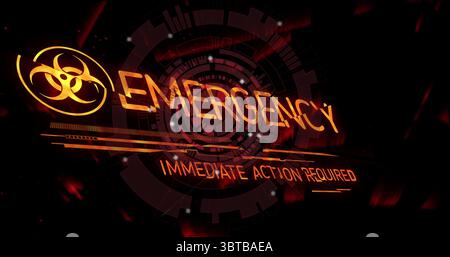 Affichage d'une alerte d'urgence orange lumineuse avec symbole de danger biologique sur la console, avec étincelles flottantes Banque D'Images