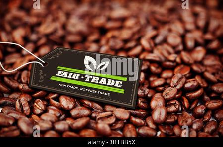 L'étiquette du commerce équitable repose sur des grains de café torréfiés dans un design plat, avec une ficelle blanche Banque D'Images