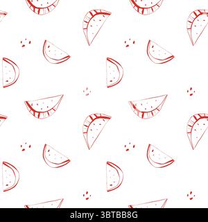 Modèle sans couture de tranches de pastèque doodle avec des graines dispersées sur fond blanc Illustration de Vecteur