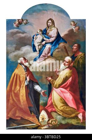Madonna col Bambino con S. Apollinare vescovo, San Simone apostolo e S. Giacomo - olio su tela - Giovan Battista Ricci - 1759 - Cremona, chiesa di Banque D'Images