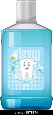 Illustration vectorielle d'une dent souriante sur une bouteille bleue de rince-bouche. Couleurs propres et éclatantes avec un thème ludique et hygiénique Illustration de Vecteur