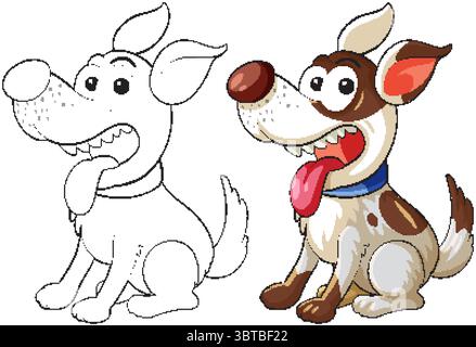 Illustration vectorielle d'un chien de bande dessinée heureux assis avec la langue dehors, montré en couleur et contour noir et blanc, style de conception plat Illustration de Vecteur