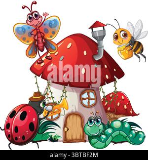 Des insectes colorés jouent de la musique autour d'une charmante maison de champignons. Style vectoriel lumineux et ludique avec des couleurs vibrantes et une composition vivante Illustration de Vecteur