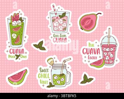 Autocollants de smoothie de boisson tropicale à la goyave avec citations motivantes. Cocktail exotique de fruits d'été avec glaçons, paille et feuilles de menthe. Vecteur isolé I Illustration de Vecteur