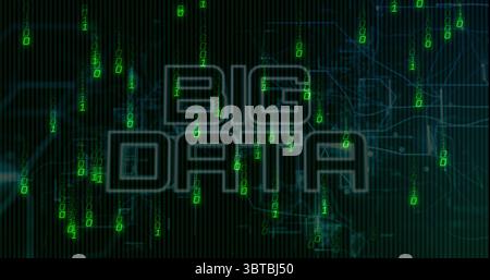 Affichage du texte BIG DATA sur une grille sombre, avec des chiffres binaires verts en cascade et des lignes turquoise Banque D'Images