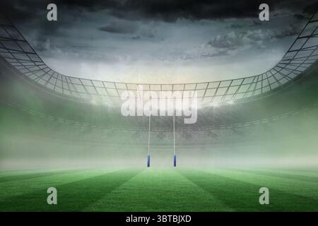 Les poteaux de but de rugby sont debout sur un terrain d'herbe brumeuse dans un stade vectoriel plat avec des projecteurs Banque D'Images