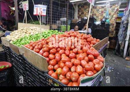 Meixco City, Mexique. 14 juillet 2025. Des tomates sont photographiées dans un étal dans un marché public à Mexico, capitale du Mexique, le 14 juillet 2025. Le département du commerce des États-Unis a annoncé lundi qu'il place immédiatement un droit de douane de 17,09 pour cent sur la plupart des tomates fraîches importées du Mexique, marquant un retrait de l'accord de 2019 entre les deux pays pour suspendre l'enquête antidumping sur les tomates fraîches. Crédit : Francisco Canedo/Xinhua/Alamy Live News Banque D'Images