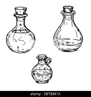 Flacons en verre avec potions magiques, un ensemble de silhouettes, un croquis à l'encre noire et blanche. Illustration vectorielle. Bouteilles magiques, isolées sur fond blanc Illustration de Vecteur