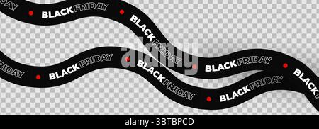 Texte Black Friday sur ruban noir incurvé avec des points rouges, design moderne audacieux. Bannière attirant l'attention pour une promotion de vente au détail urgente. Vecteur plat Illustration de Vecteur