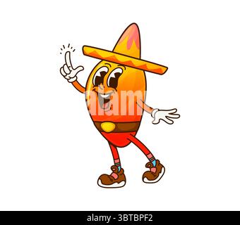 Dessin animé groovy mangue fruit personnage de cow-boy mexicain. Fruits juteux tropicaux, nourriture végétarienne joyeux Groovy vecteur Wild West personnage. Personnage drôle de mangue mûre entier portant un chapeau sombrero mexicain Illustration de Vecteur