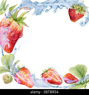 Feuilles de fraises volant dans des gouttes de rosée éclaboussures d'eau, fraise de jardin mûr dessinée à la main à l'aquarelle. Coin de bordure carrée isolé Banque D'Images