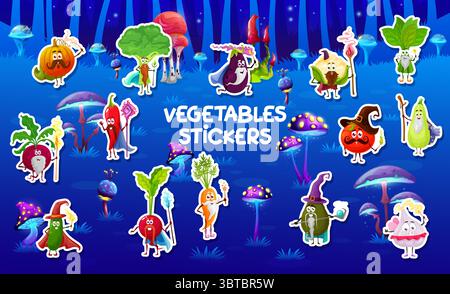 Pack d'autocollants de magiciens et magiciens magiciens magiciens magiciens, vecteur de bande dessinée. Drôle de sorcier à la citrouille avec baguette magique et sorcier de tomates ou magicien d'avocat pour les autocollants de vacances d'Halloween Illustration de Vecteur