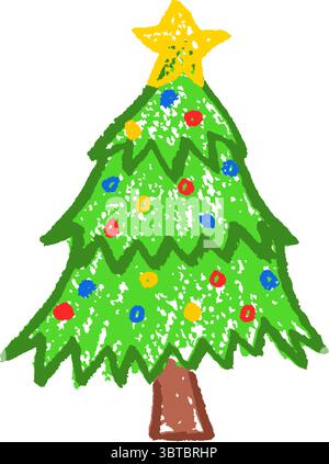 Illustrations de sapin de Noël décorées comme des enfants dans le style tableau noir de cire. Art de maternelle avec des textures épicéa et fusain pastel. Vecteur scolaire amusant Illustration de Vecteur