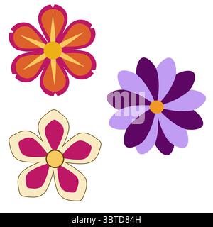 Illustration vectorielle de trois fleurs stylisées dans des teintes orange vives, violettes et roses, avec des formes audacieuses et des palettes de couleurs contrastées, idéal fo Illustration de Vecteur