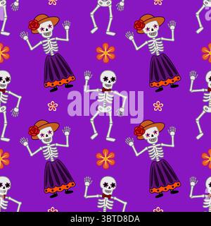 Modèle vectoriel sans couture avec squelettes dansants joyeux en violet vif, orné de détails floraux et de vêtements mexicains traditionnels, parfait fo Illustration de Vecteur