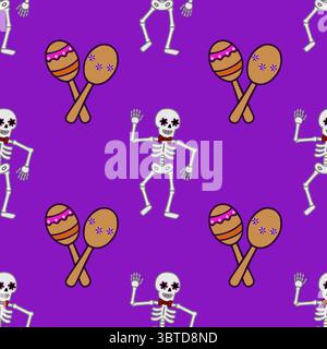 Modèle vectoriel sans couture avec squelettes dansants avec maquillage floral des yeux et maracas, sur un fond violet vibrant, idéal pour le jour du Illustration de Vecteur