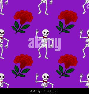 Un motif vectoriel dynamique sans couture avec des squelettes dansants avec un maquillage floral des yeux, orné de noeuds papillon, interagissant de manière ludique avec l'écusson stylisé Illustration de Vecteur