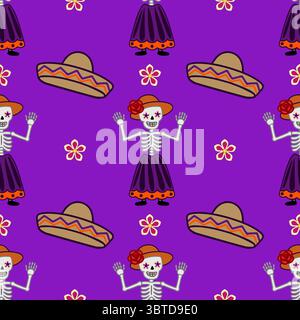 Modèle vectoriel sans couture avec calaveras joyeuses en violet vif, orange et beige, orné de fleurs et de sombreros, idéal pour le jour du de Illustration de Vecteur