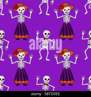 Un motif vectoriel dynamique sans couture avec des squelettes joyeux du jour des morts dans une tenue festive, dansant sur un riche fond violet. Illustration de Vecteur