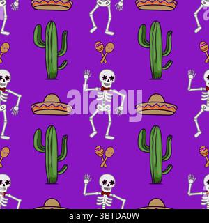 Festive Day of the Dead Vector modèle sans couture avec squelettes dansants, cactus, sombreros et maracas sur un fond violet vibrant, parfait pour Illustration de Vecteur