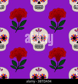 Modèle vectoriel sans couture de crânes de sucre décorés et de fleurs rouges sur un fond violet vibrant, idéal pour les célébrations du jour des morts ou Halloween Illustration de Vecteur