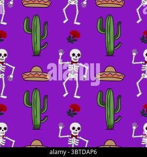 Motif vectoriel dynamique sans couture avec des squelettes dansants avec des décorations florales pour les yeux, des cactus et des sombreros, parfait pour la célébration du jour des morts Illustration de Vecteur