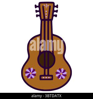 Illustration vectorielle d'une guitare acoustique stylisée avec des détails floraux violets et bruns, parfait pour Day of the Dead ou des dessins d'art folklorique mexicain. Illustration de Vecteur