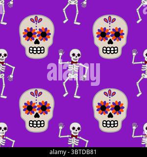 Modèle vectoriel sans couture avec squelettes dansants avec noeuds papillon et crânes de sucre ornés de fleurs orange et violettes vibrantes sur un riche bac violet Illustration de Vecteur
