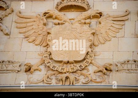 Les visiteurs admirent les sculptures en pierre complexes qui ornent la façade de l'Université d'Alcala de Henares lors de la Foire médiévale qui s'est tenue à Madrid, Spa Banque D'Images