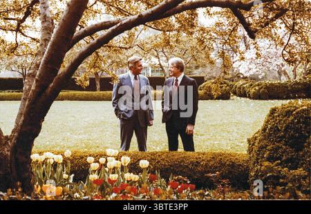 13 avril 1978, Washington, District of Columbia, États-Unis : sur cette photo publiée par la Maison Blanche, le président américain Jimmy carter et le vice-président américain Walter Mondale conversent dans la roseraie de la Maison Blanche à Washington, DC le 13 avril 1978 (image crédit : © Maison Blanche via CNP/CNP via ZUMA Wire) Banque D'Images