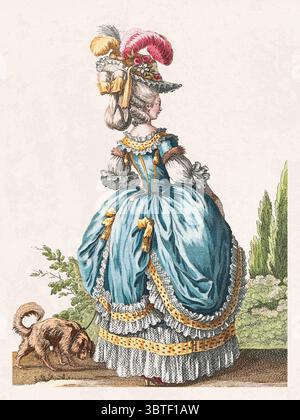 Dessin de mode français vintage. Dame élégante dans une robe colorée avec coiffure détaillée et accessoires de fantaisie. Fond texturé doux. Banque D'Images
