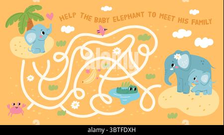Jeu d'éléphant labyrinthe. Aidez bébé animal à trouver famille, labyrinthe d'enfants, chemin confus à la maison, conception délicate, faune africaine, modèle de page, dessin animé isolé Illustration de Vecteur
