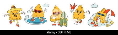 Personnages de nachos mignons. Croustilles de maïs groovy drôles, collations triangulaires joyeuses avec visages et moustache, pieds et mains, mascotte mexicaine traditionnelle en sombrero Illustration de Vecteur