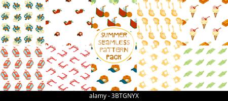 Pack de motifs sans coutures d'été. Collection de 10 motifs de répétition de style dessin animé avec des éléments sur le thème de l'été, y compris de la nourriture, des boissons, du matériel de camping, transpo Illustration de Vecteur