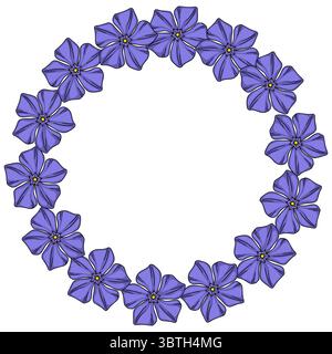 Couronne florale vectorielle élégante avec des fleurs de pervenche violettes disposées dans un cadre circulaire, parfaite pour les invitations, les cartes ou l'élément de conception décoratif Illustration de Vecteur