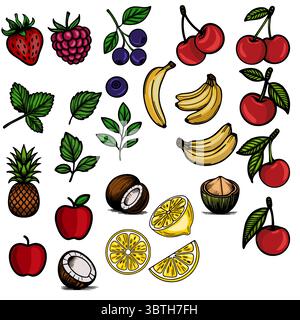 Une illustration vectorielle vibrante mettant en vedette une collection diversifiée de fruits dessinés à la main, y compris des fraises, des framboises, des bleuets, des cerises, bananes Illustration de Vecteur