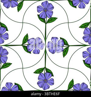 Modèle vectoriel sans couture avec des fleurs de pervenche stylisées et des lignes courbes, créant un design délicat et élégant, parfait pour les impressions textiles ou wallp Illustration de Vecteur
