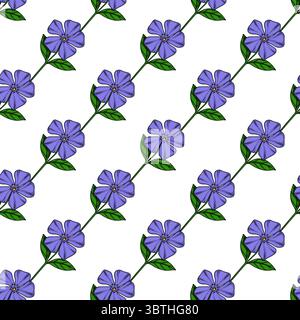 Modèle vectoriel sans couture de fleurs de pervenche stylisées avec des pétales violets vibrants et des feuilles vertes, disposées dans un motif répétitif diagonal sur un blanc Illustration de Vecteur